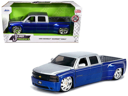1999 Chevrolet Silverado Dually Pickup Truck Blue Metallic and Silver with Custom KMC Wheels "Just Trucks" Series 1/24 Diecast Model Car by Jada-DiecastModeler.com