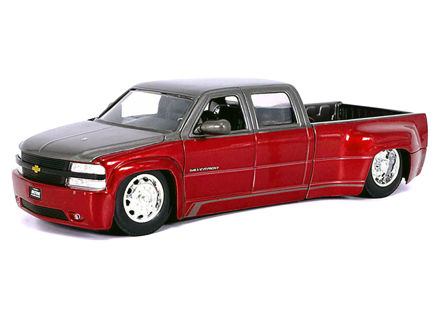 1999 Chevrolet Silverado Dually Pickup Truck Red Metallic and Gray with Stock Wheels "Just Trucks" Series 1/24 Diecast Model Car by Jada-DiecastModeler.com