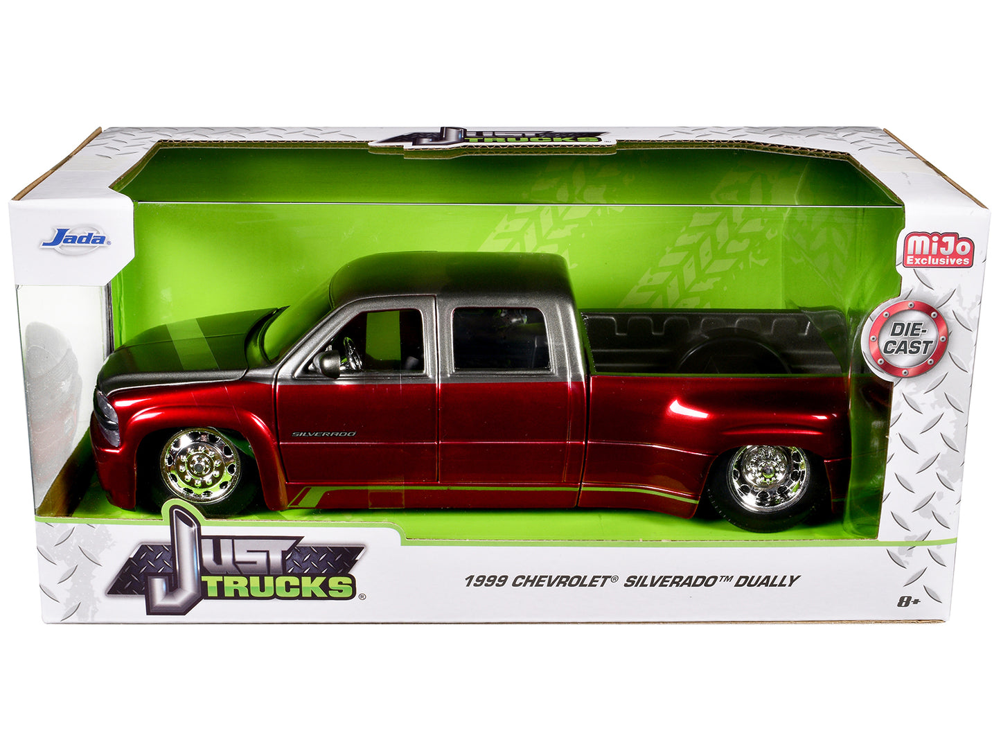 1999 Chevrolet Silverado Dually Pickup Truck Red Metallic and Gray with Stock Wheels "Just Trucks" Series 1/24 Diecast Model Car by Jada-DiecastModeler.com