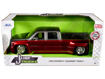 1999 Chevrolet Silverado Dually Pickup Truck Red Metallic and Gray with Stock Wheels "Just Trucks" Series 1/24 Diecast Model Car by Jada-DiecastModeler.com