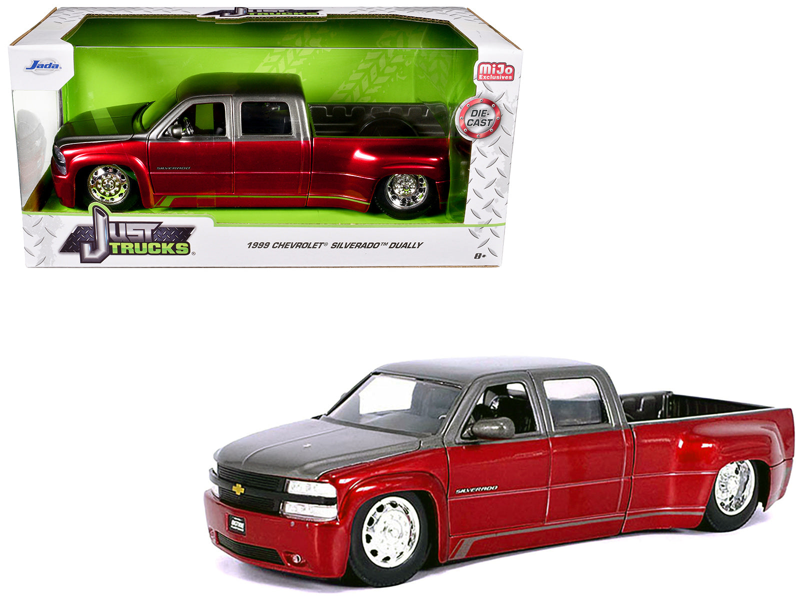 1999 Chevrolet Silverado Dually Pickup Truck Red Metallic and Gray with Stock Wheels "Just Trucks" Series 1/24 Diecast Model Car by Jada-DiecastModeler.com