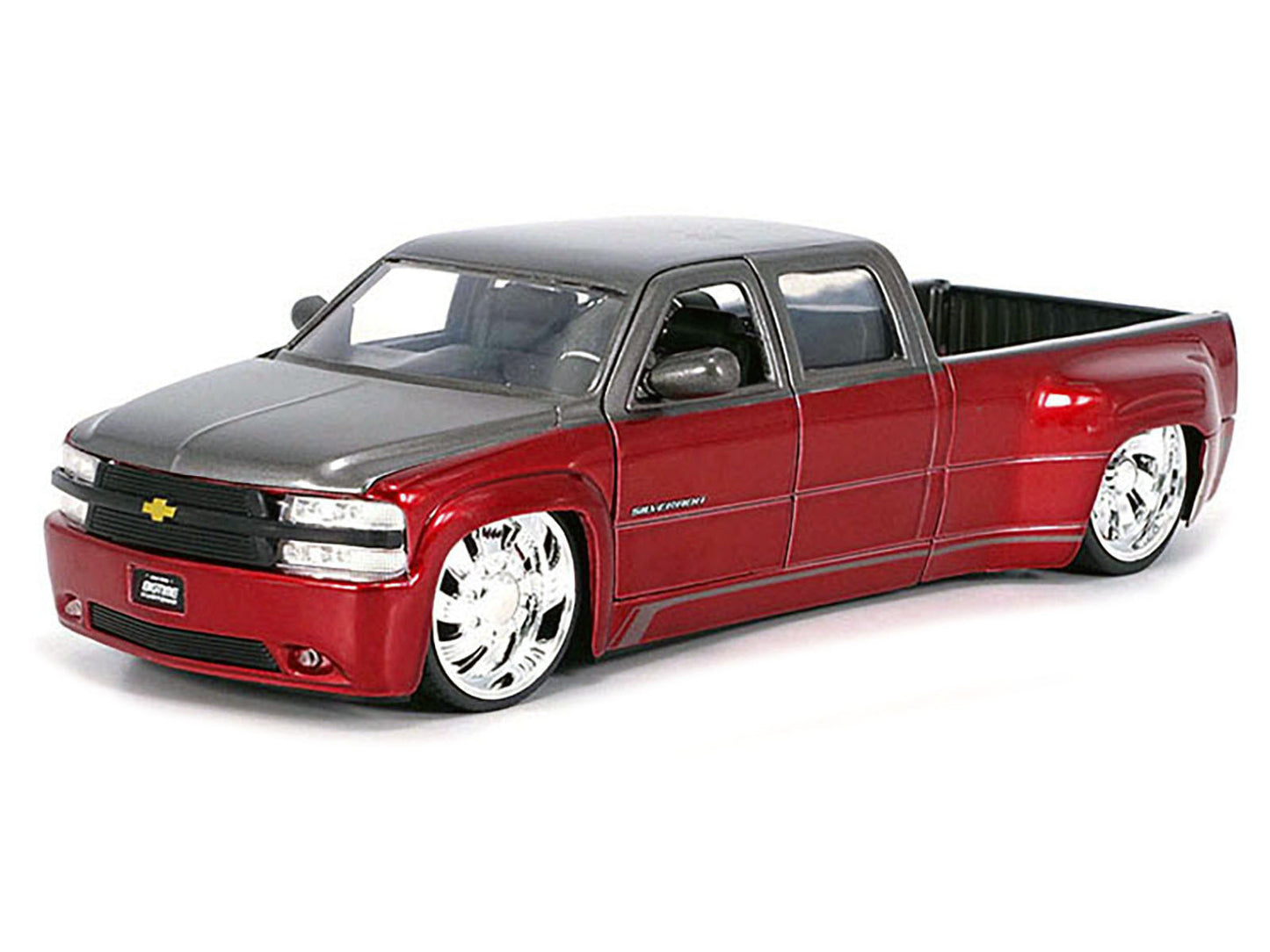 1999 Chevrolet Silverado Dually Pickup Truck Red Metallic and Gray with Custom KMC Wheels "Just Trucks" Series 1/24 Diecast Model Car by Jada-DiecastModeler.com