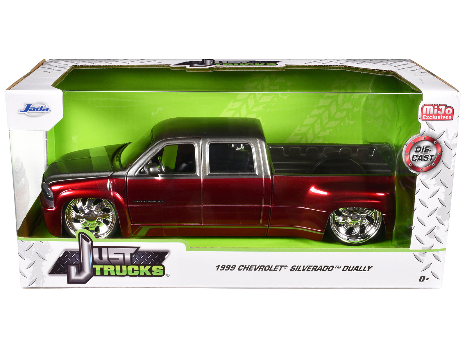 1999 Chevrolet Silverado Dually Pickup Truck Red Metallic and Gray with Custom KMC Wheels "Just Trucks" Series 1/24 Diecast Model Car by Jada-DiecastModeler.com