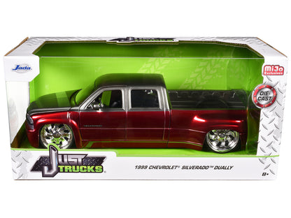 1999 Chevrolet Silverado Dually Pickup Truck Red Metallic and Gray with Custom KMC Wheels "Just Trucks" Series 1/24 Diecast Model Car by Jada-DiecastModeler.com