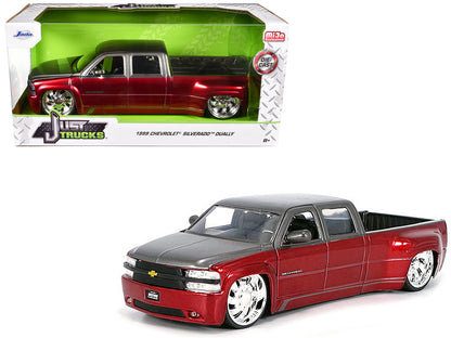 1999 Chevrolet Silverado Dually Pickup Truck Red Metallic and Gray with Custom KMC Wheels "Just Trucks" Series 1/24 Diecast Model Car by Jada-DiecastModeler.com