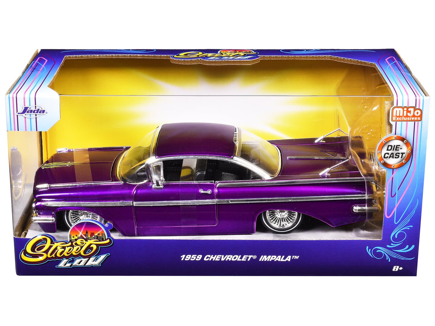 1959 Chevrolet Impala Lowrider Candy Purple with Wire Wheels "Street Low" Series 1/24 Diecast Model Car by Jada-DiecastModeler.com