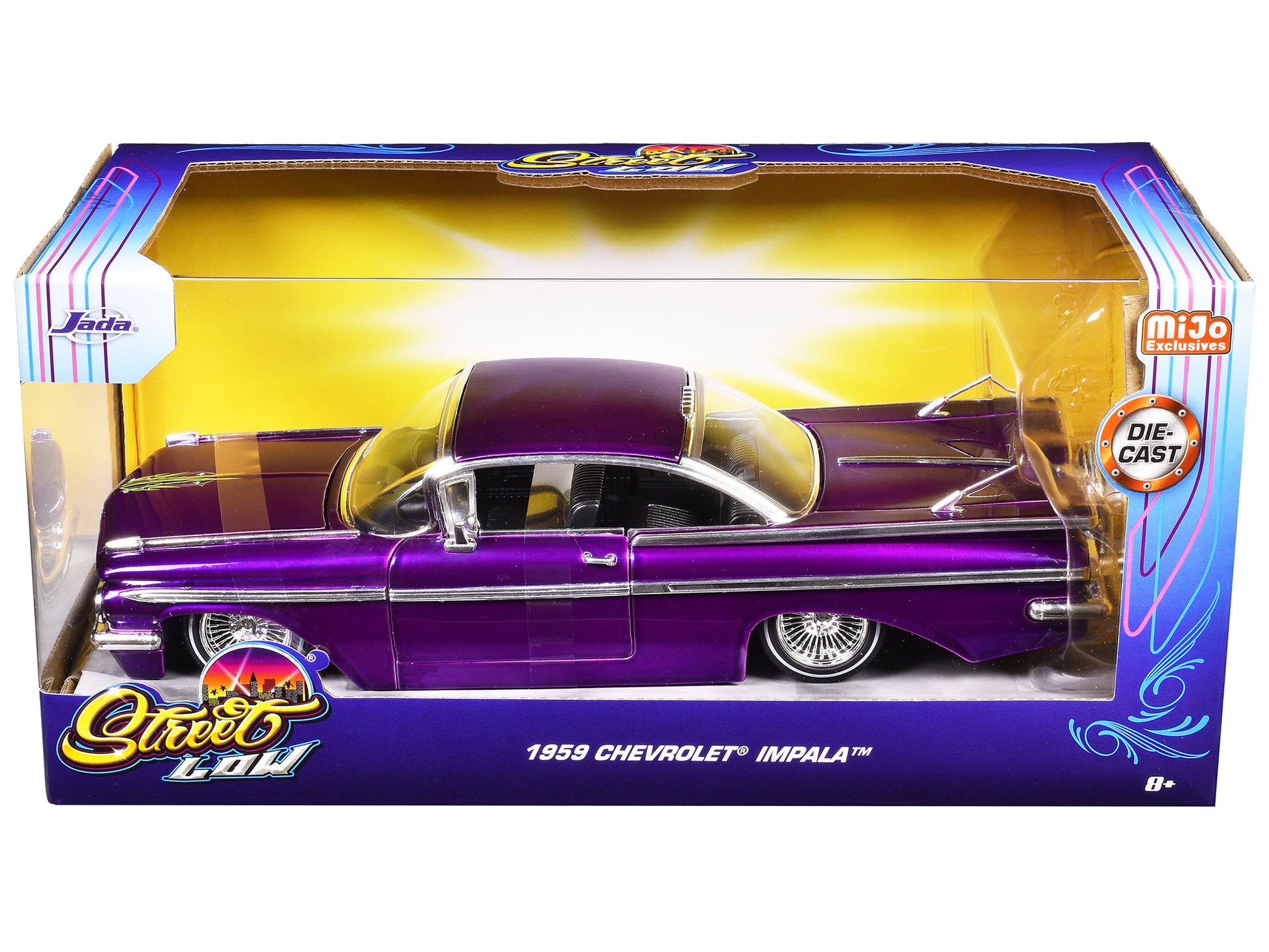 1959 Chevrolet Impala Lowrider Candy Purple with Wire Wheels "Street Low" Series 1/24 Diecast Model Car by Jada-DiecastModeler.com