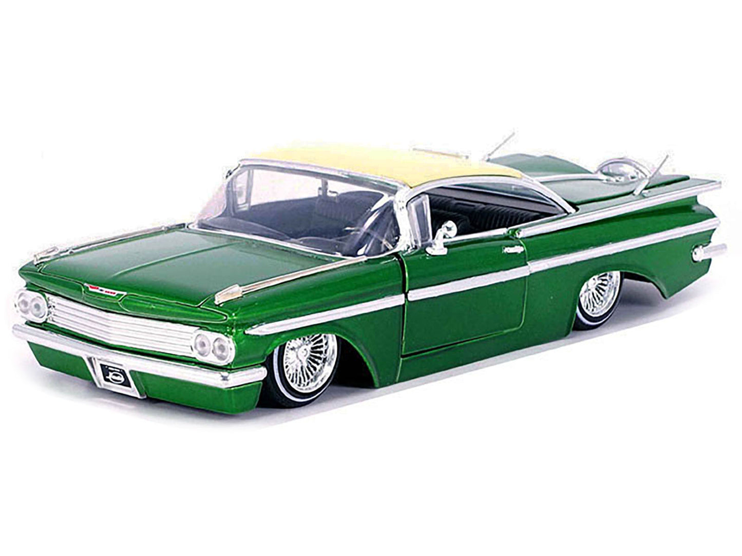 1959 Chevrolet Impala Lowrider Green Metallic with Cream Top and Wire Wheels "Street Low" Series 1/24 Diecast Model Car by Jada-DiecastModeler.com