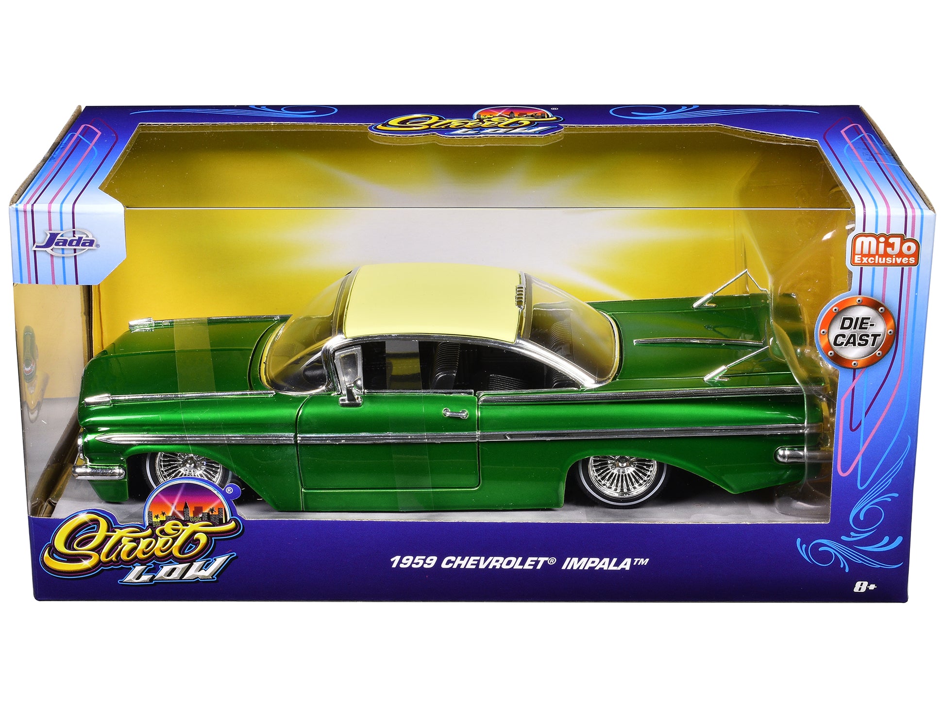 1959 Chevrolet Impala Lowrider Green Metallic with Cream Top and Wire Wheels "Street Low" Series 1/24 Diecast Model Car by Jada-DiecastModeler.com