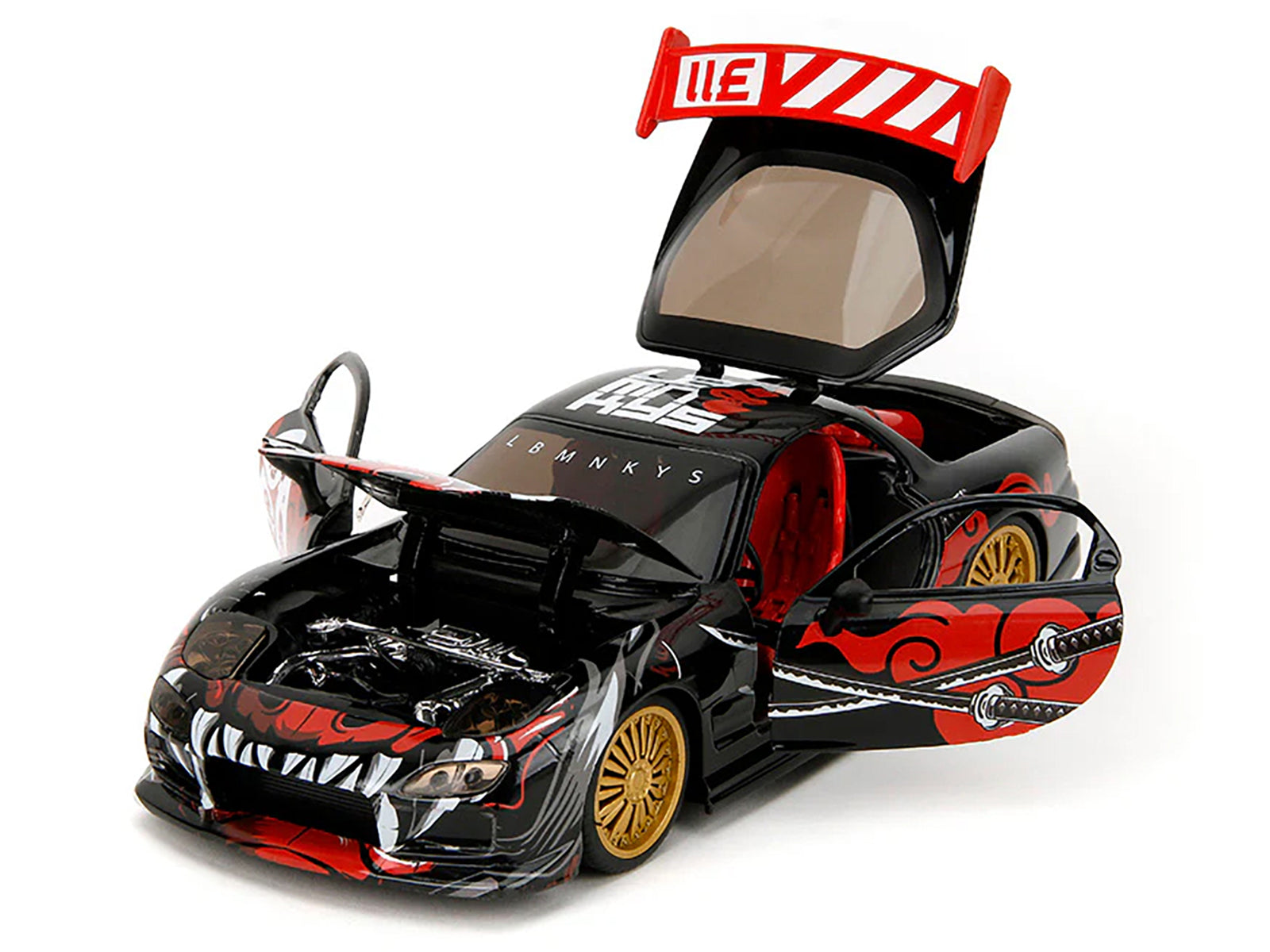 1993 Mazda RX-7 Black with Graphics "Lab Monkeys" with Saru Diecast Figure "Hollywood Rides" Series 1/24 Diecast Model Car by Jada-DiecastModeler.com