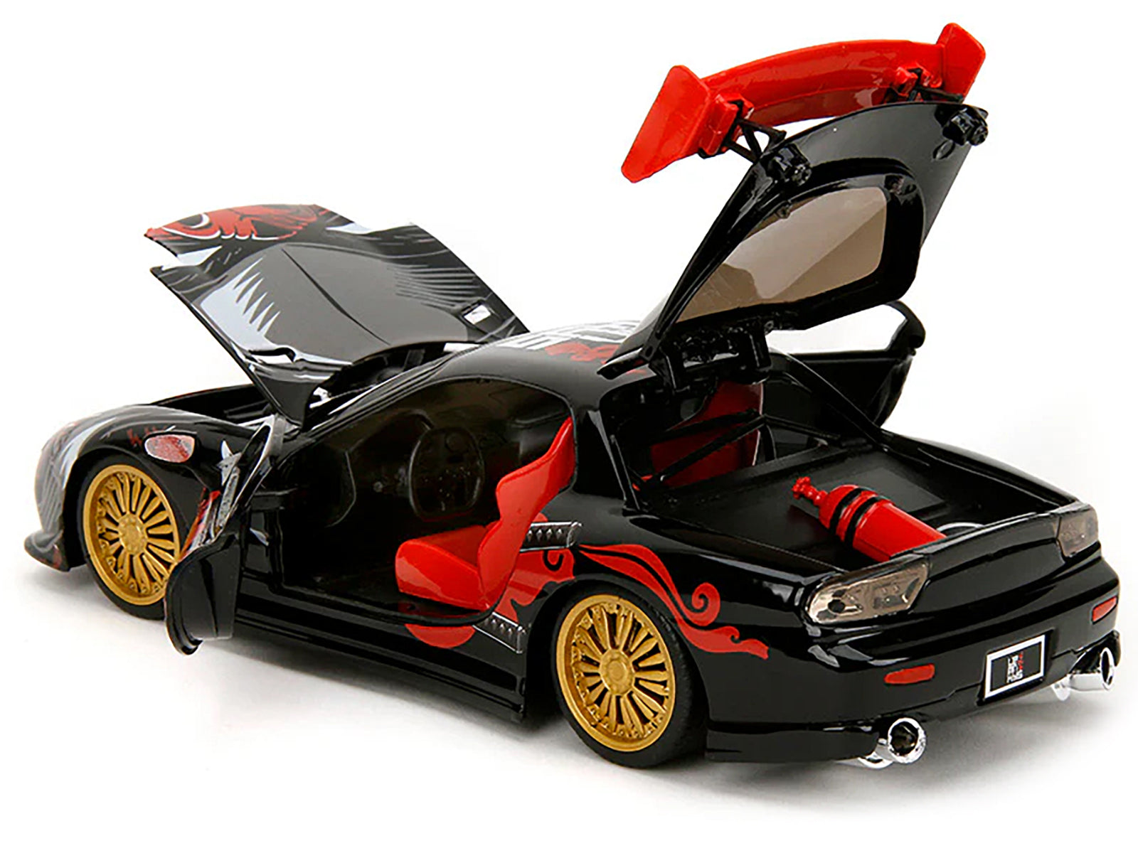 1993 Mazda RX-7 Black with Graphics "Lab Monkeys" with Saru Diecast Figure "Hollywood Rides" Series 1/24 Diecast Model Car by Jada-DiecastModeler.com