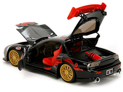 1993 Mazda RX-7 Black with Graphics "Lab Monkeys" with Saru Diecast Figure "Hollywood Rides" Series 1/24 Diecast Model Car by Jada-DiecastModeler.com