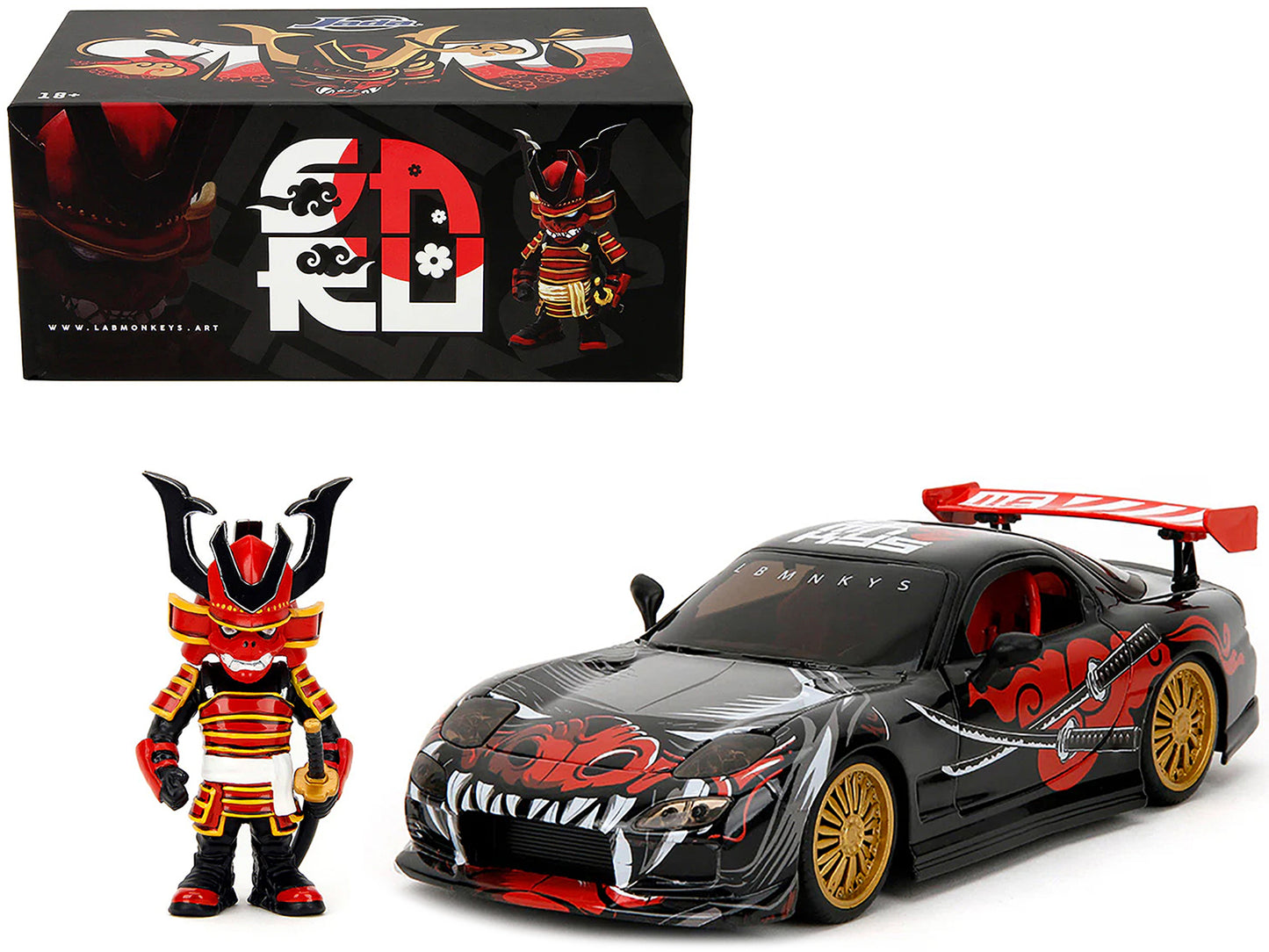 1993 Mazda RX-7 Black with Graphics "Lab Monkeys" with Saru Diecast Figure "Hollywood Rides" Series 1/24 Diecast Model Car by Jada-DiecastModeler.com