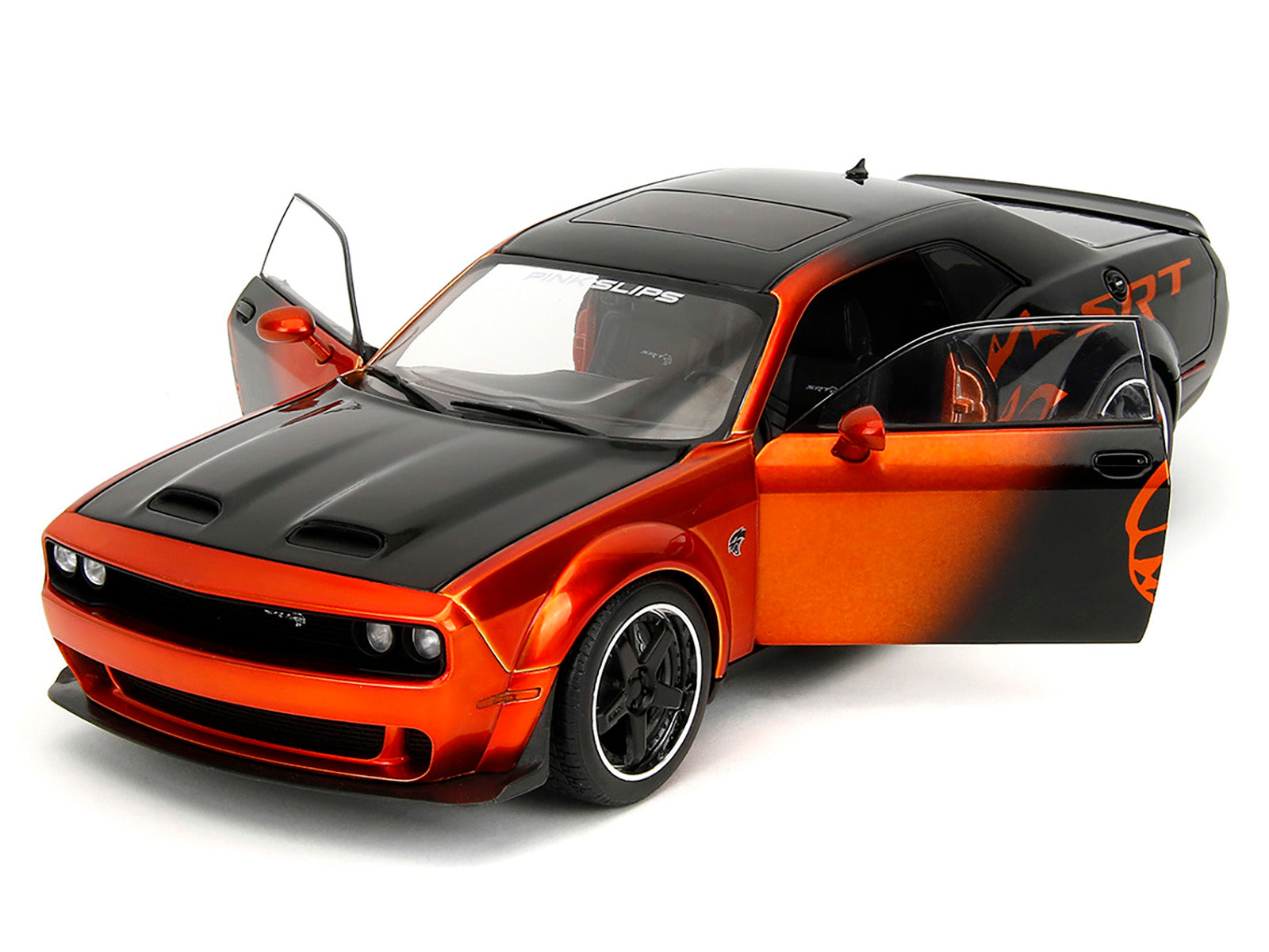 Dodge Challenger SRT Hellcat Orange Metallic and Black "Pink Slips" Series 1/18 Diecast Model Car by Jada-DiecastModeler.com