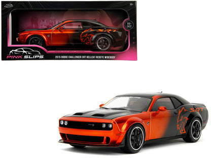 Dodge Challenger SRT Hellcat Orange Metallic and Black "Pink Slips" Series 1/18 Diecast Model Car by Jada-DiecastModeler.com