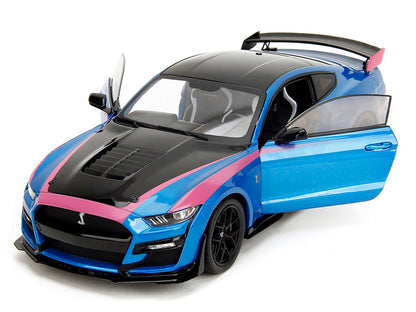 Ford Mustang Shelby GT500 Blue Metallic with Pink Stripes and Black Hood and Top "Pink Slips" Series 1/18 Diecast Model Car by Jada-DiecastModeler.com