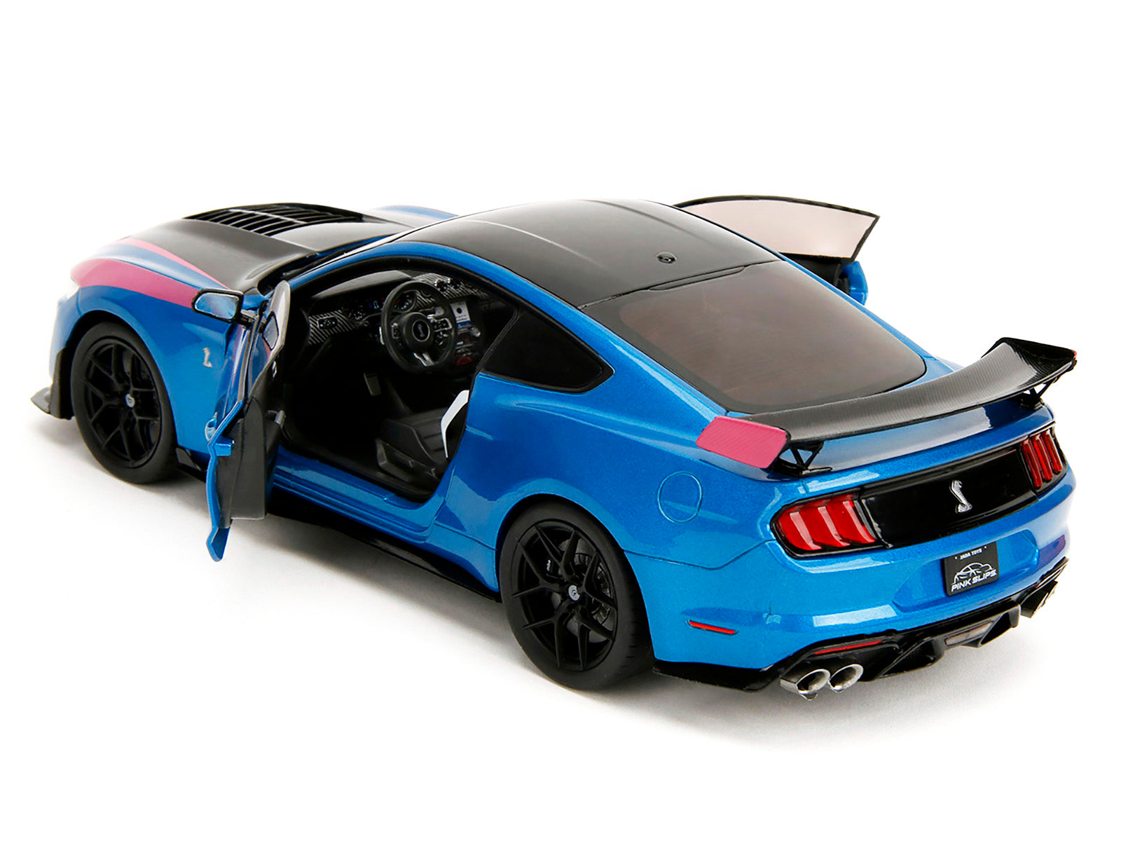Ford Mustang Shelby GT500 Blue Metallic with Pink Stripes and Black Hood and Top "Pink Slips" Series 1/18 Diecast Model Car by Jada-DiecastModeler.com