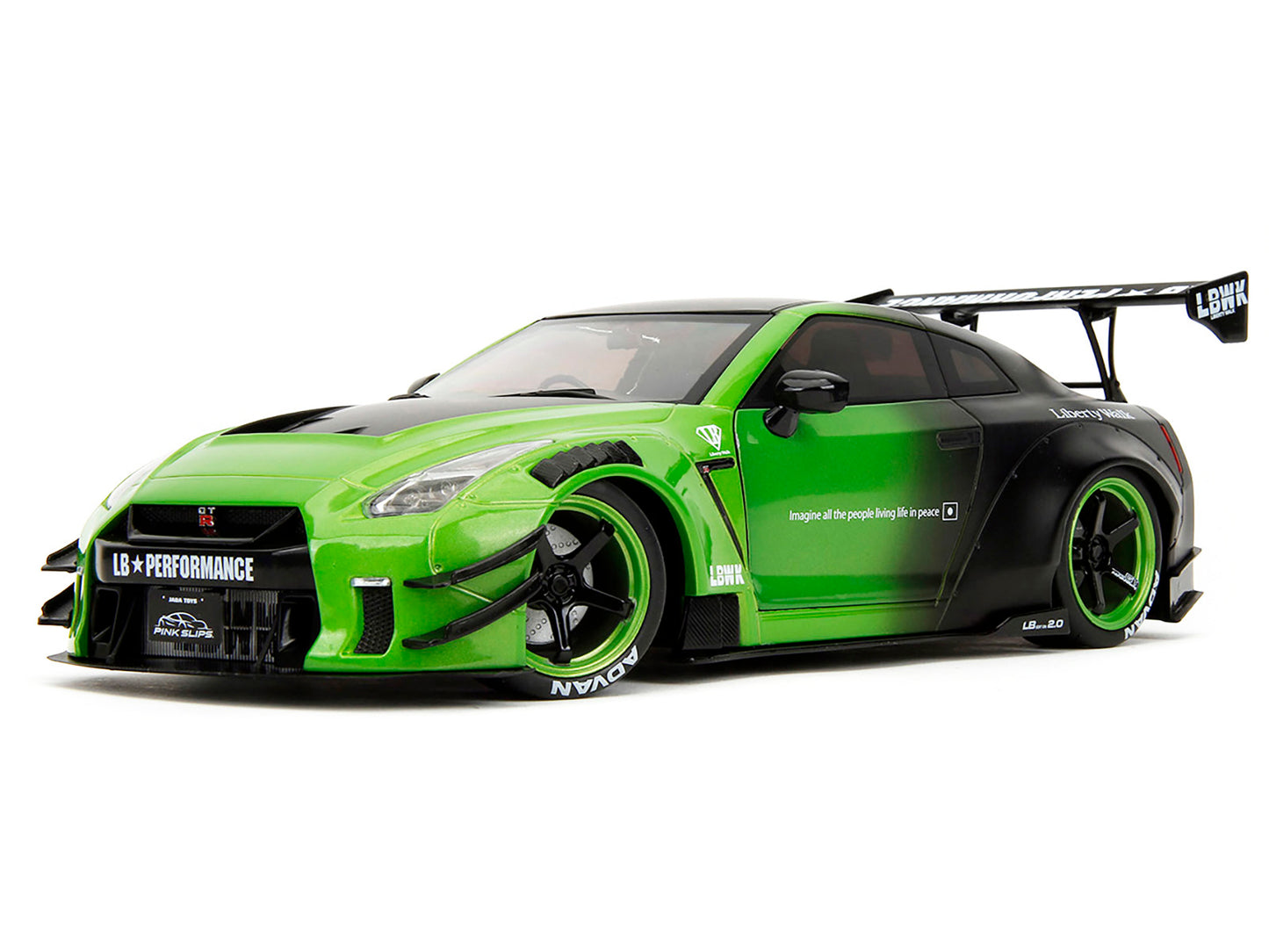 Nissan GT-R (R35) Liberty Walk Body Kit 2.0 RHD (Right Hand Drive) Green and Matt Black "Pink Slips" Series 1/18 Diecast Model Car by Jada-DiecastModeler.com