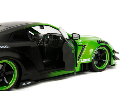 Nissan GT-R (R35) Liberty Walk Body Kit 2.0 RHD (Right Hand Drive) Green and Matt Black "Pink Slips" Series 1/18 Diecast Model Car by Jada