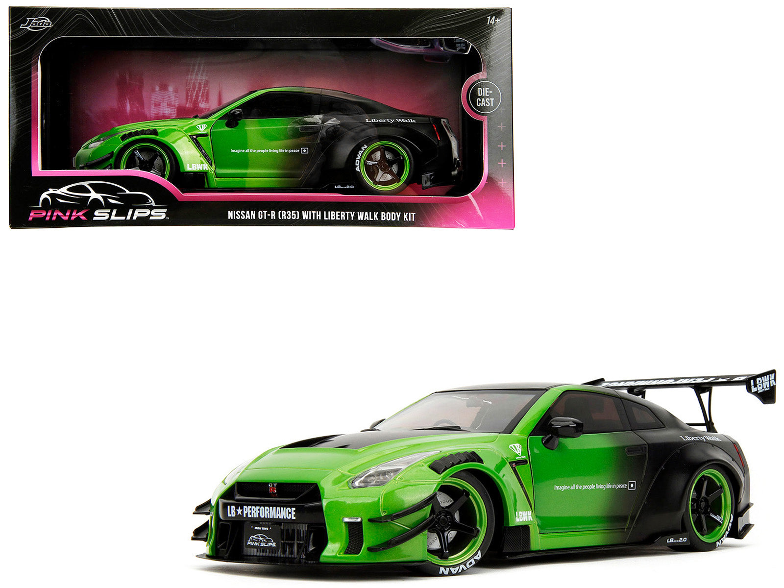 Nissan GT-R (R35) Liberty Walk Body Kit 2.0 RHD (Right Hand Drive) Green and Matt Black "Pink Slips" Series 1/18 Diecast Model Car by Jada-DiecastModeler.com