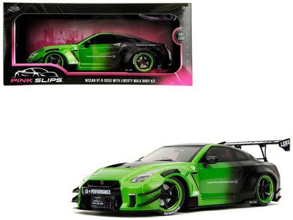 Nissan GT-R (R35) Liberty Walk Body Kit 2.0 RHD (Right Hand Drive) Green and Matt Black "Pink Slips" Series 1/18 Diecast Model Car by Jada-DiecastModeler.com