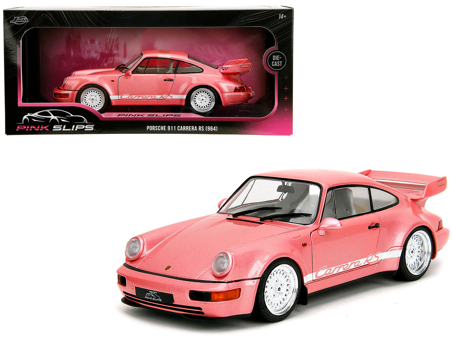 Porsche 911 Carrera RS (964) Pink Metallic with White Stripes "Pink Slips" Series 1/18 Diecast Model Car by Jada-DiecastModeler.com