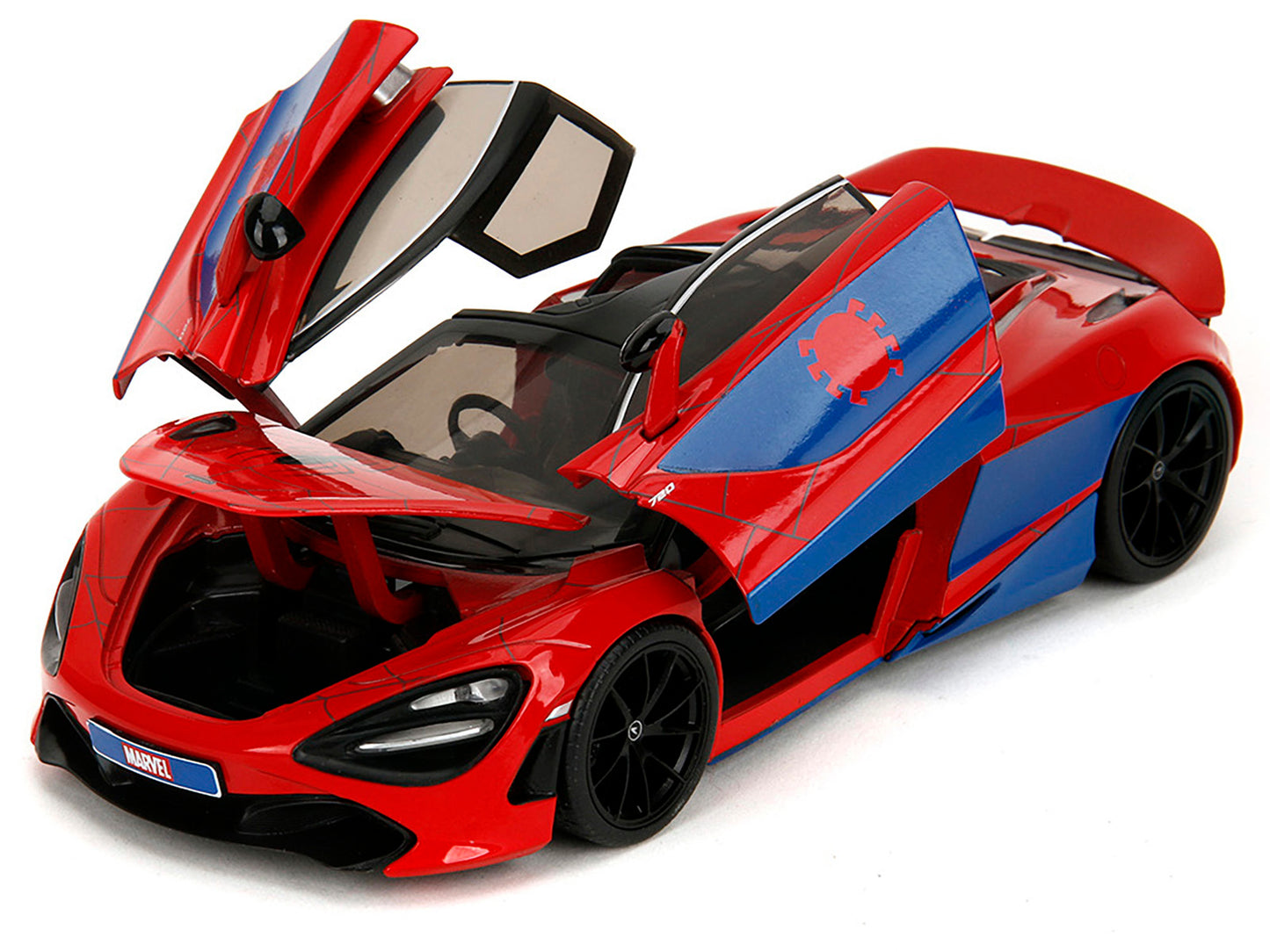 McLaren 720S Red and Blue with Black Top and Graphics and Spider-Man Diecast Figure "Marvel Spider-Man" "Hollywood Rides" Series 1/24 Diecast Model Car by Jada
