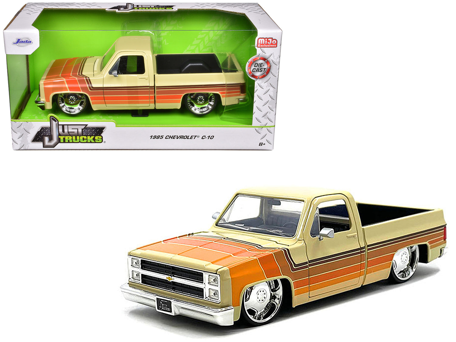 1985 Chevrolet C-10 Pickup Truck Beige with Stripes and Lowenhart Wheels "Just Trucks" Series 1/24 Diecast Model Car by Jada-DiecastModeler.com
