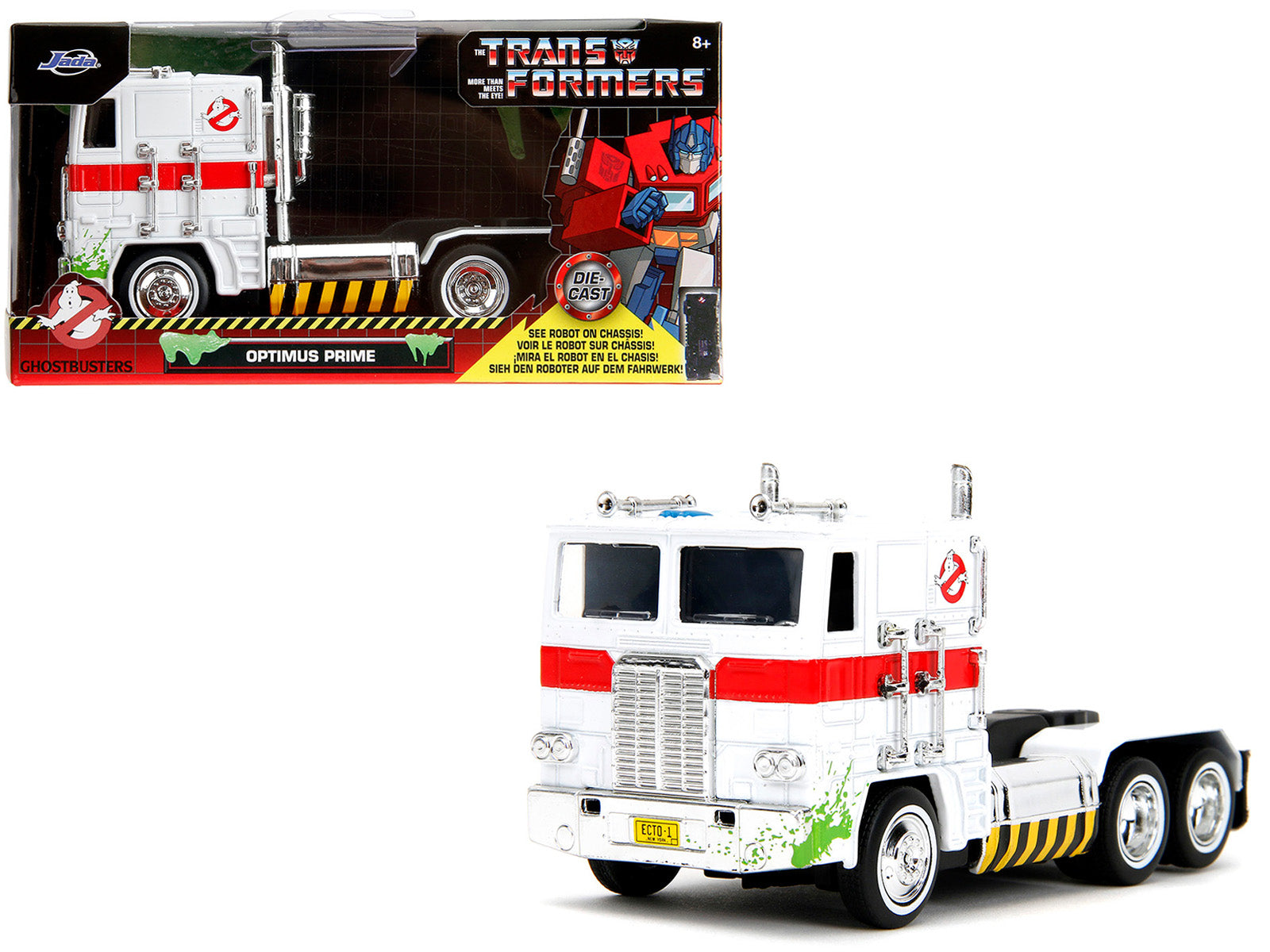 G1 Autobot Optimus Prime Truck White with Robot on Chassis from "Transformers" TV Series - "Ghostbusters" (1984) Movie Crossover "Hollywood Rides" Series Diecast Model by Jada-DiecastModeler.com