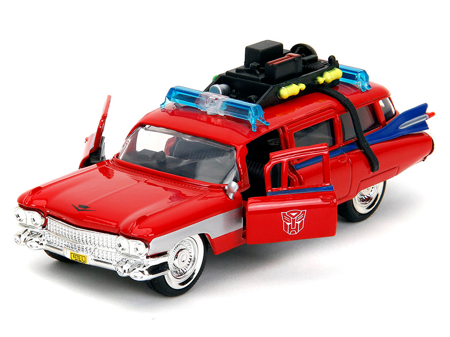 1959 Cadillac Ambulance Ecto-1 Red "Transformers" TV Series - "Ghostbusters" (1984) Movie Crossover "Hollywood Rides" Series 1/32 Diecast Model Car by Jada