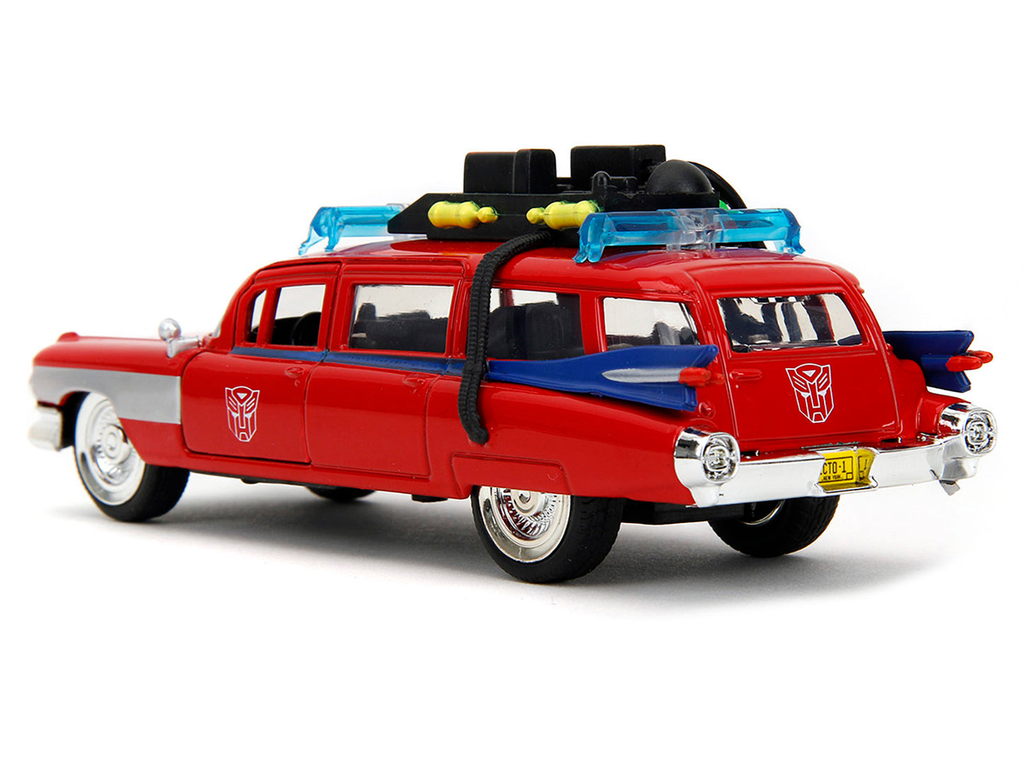 1959 Cadillac Ambulance Ecto-1 Red "Transformers" TV Series - "Ghostbusters" (1984) Movie Crossover "Hollywood Rides" Series 1/32 Diecast Model Car by Jada