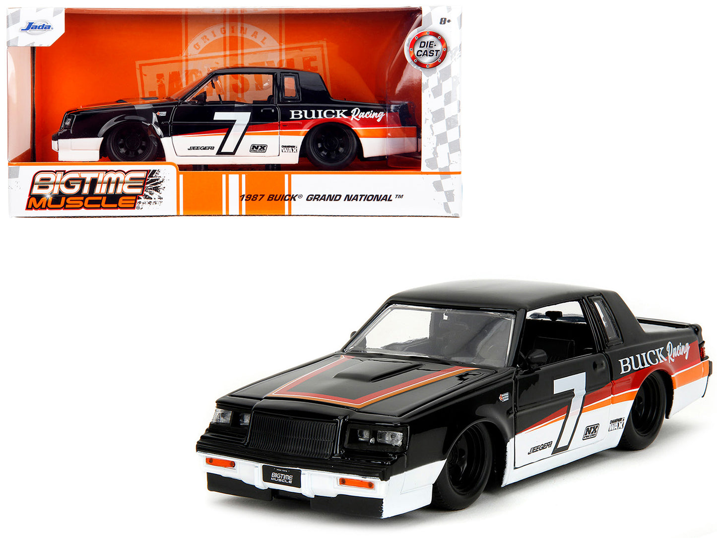 1987 Buick Grand National #7 "Buick Racing" Black and White with Stripes "Bigtime Muscle" Series 1/24 Diecast Model Car by Jada-DiecastModeler.com