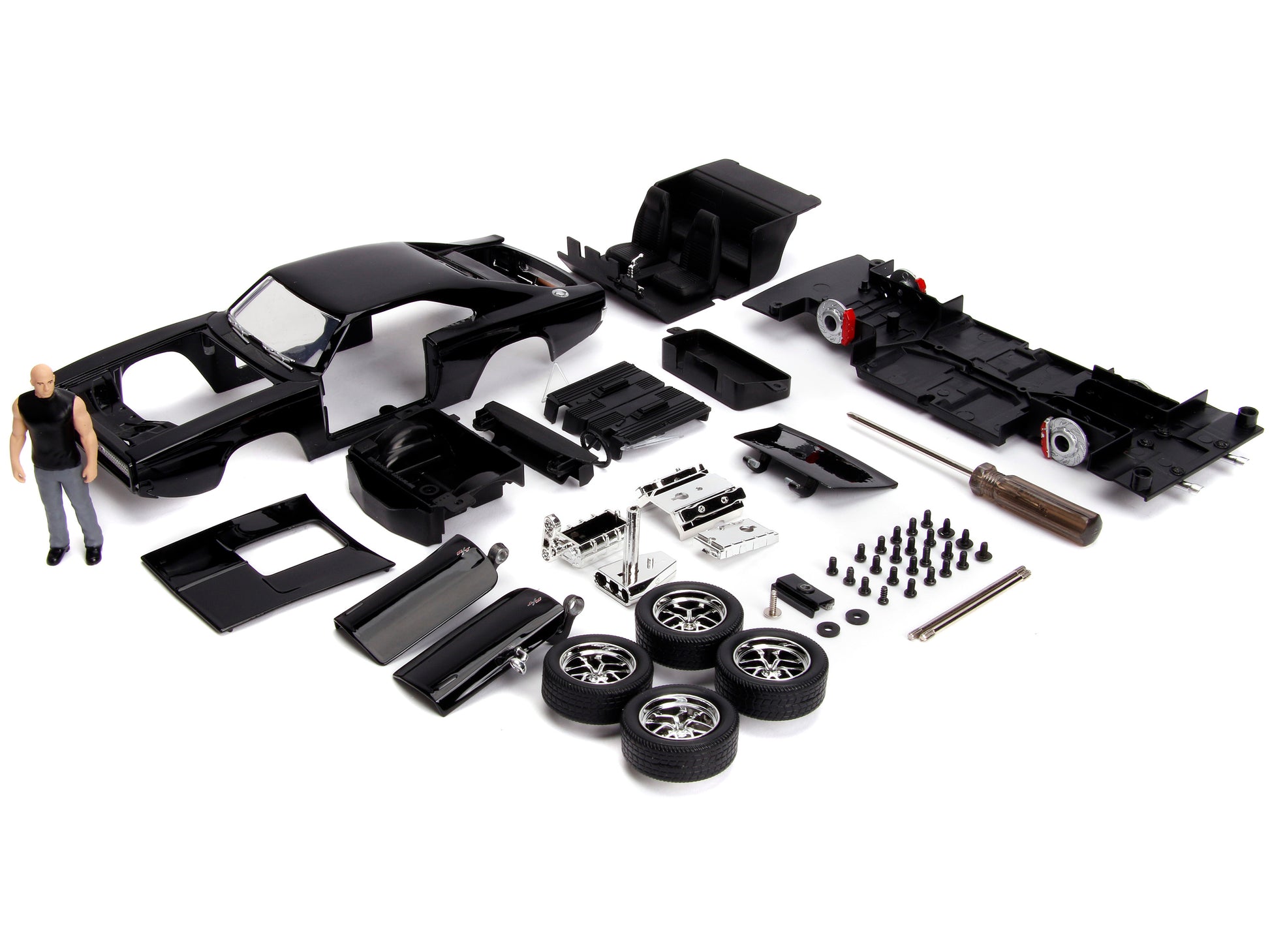 Model Kit Dodge Charger R/T Black and Dom Diecast Figure "Fast & Furious" Movie "Build N' Collect" Series 1/24 Diecast Model Car by Jada-DiecastModeler.com