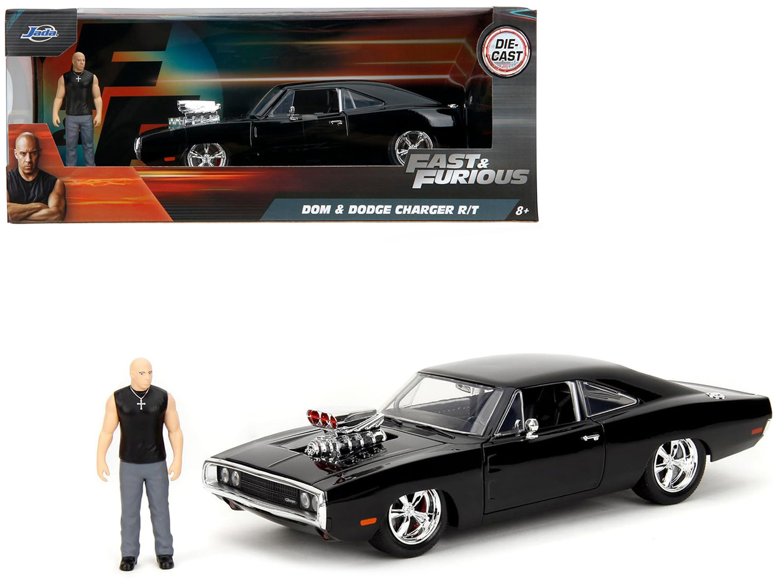 Dodge Charger R/T Black with Dom Diecast Figure "Fast & Furious" (2009) Movie "Hollywood Rides" Series 1/24 Diecast Model Car by Jada-DiecastModeler.com