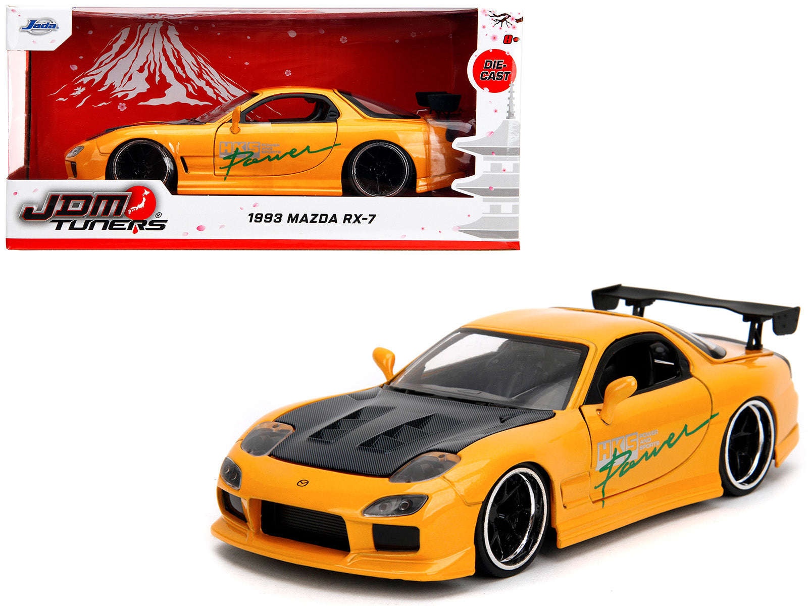 1993 Mazda RX-7 "HKS Power" Yellow with Carbon Hood "JDM Tuners" Series 1/24 Diecast Model Car by Jada-DiecastModeler.com