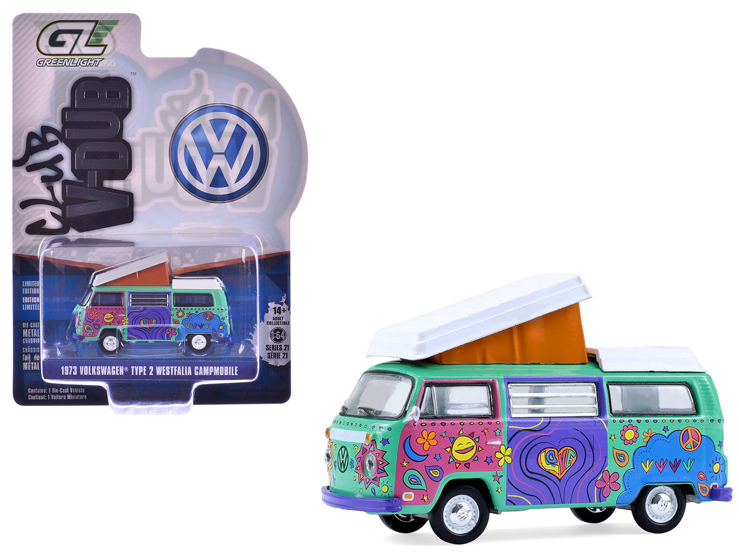 1973 Volkswagen Type 2 Westfalia Campmobile "Music Festival Van" Green with White Top and Graphics "Club Vee-Dub" Series 21 1/64 Diecast Model Car by Greenlight