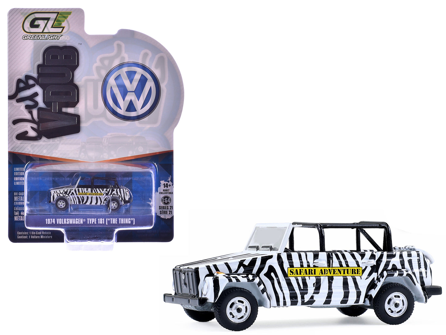1974 Volkswagen Thing (Type 181) "Safari Adventure" Black and White Zebra Stripes "Club Vee-Dub" Series 21 1/64 Diecast Model Car by Greenlight-DiecastModeler.com