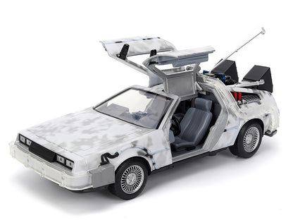 DMC DeLorean Time Machine Brushed Metal (Frost Version) with Lights "Back to the Future" (1985) Movie "Hollywood Rides" Series 1/24 Diecast Model Car by Jada