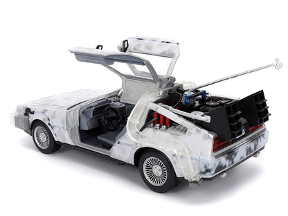DMC DeLorean Time Machine Brushed Metal (Frost Version) with Lights "Back to the Future" (1985) Movie "Hollywood Rides" Series 1/24 Diecast Model Car by Jada