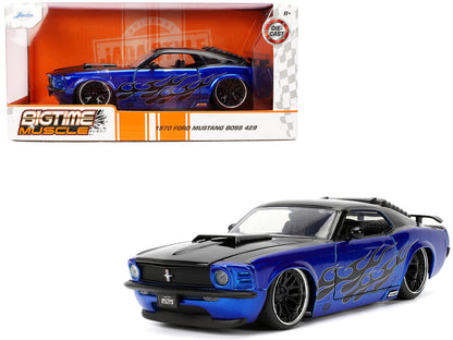 1970 Ford Mustang Boss 429 Black and Blue Metallic with Flames "Bigtime Muscle" Series 1/24 Diecast Model Car by Jada