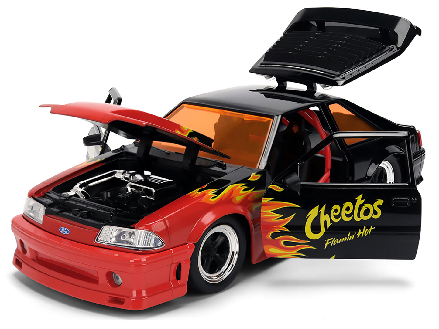 1989 Ford Mustang GT Black with Red Flame Graphics and Chester Cheetah Diecast Figure "Cheetos Flamin' Hot" "Hollywood Rides" Series 1/24 Diecast Model Car by Jada