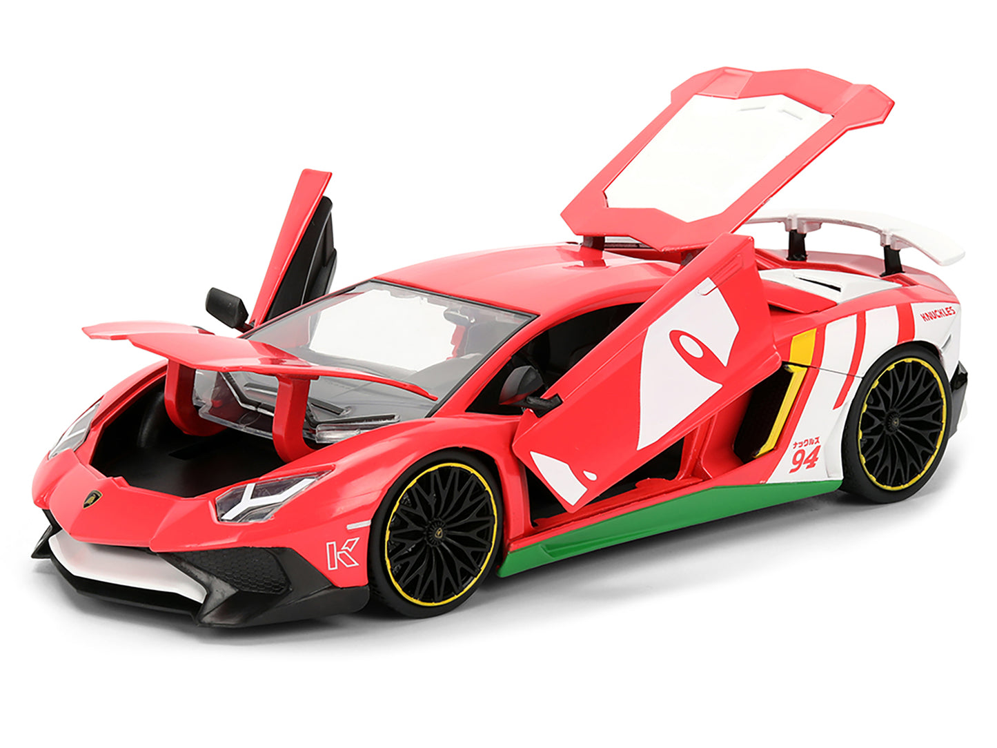 Lamborghini Aventador SV Red with Graphics and Knuckles Diecast Figure "Sonic The Hedgehog" Franchise "Hollywood Rides" Series 1/24 Diecast Model by Jada-DiecastModeler.com