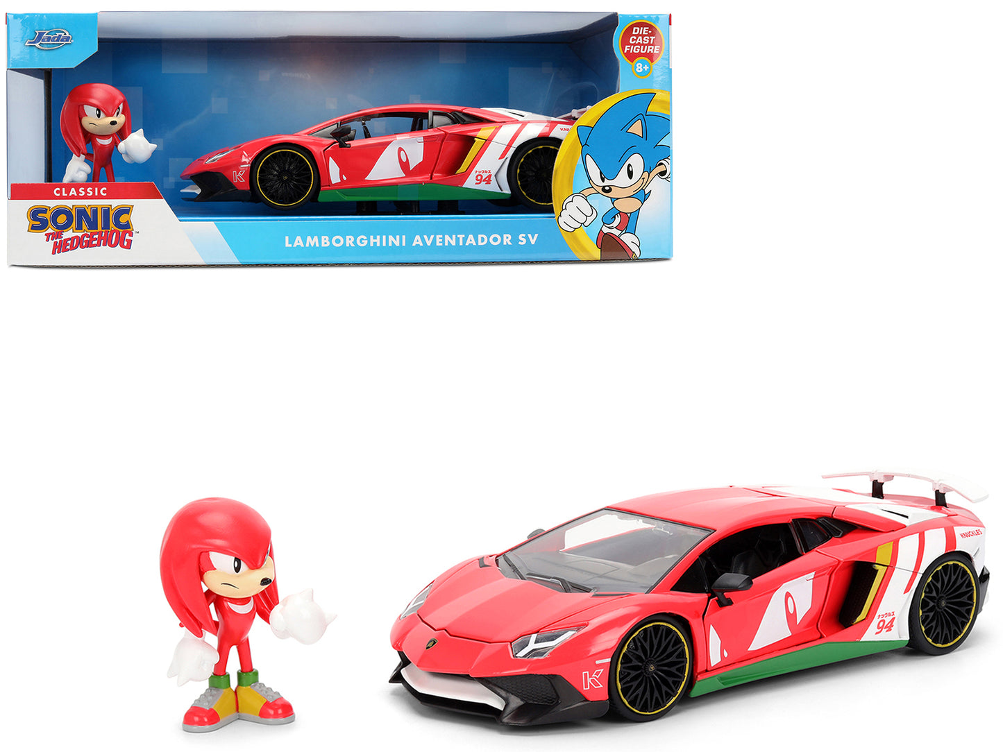 Lamborghini Aventador SV Red with Graphics and Knuckles Diecast Figure "Sonic The Hedgehog" Franchise "Hollywood Rides" Series 1/24 Diecast Model by Jada-DiecastModeler.com