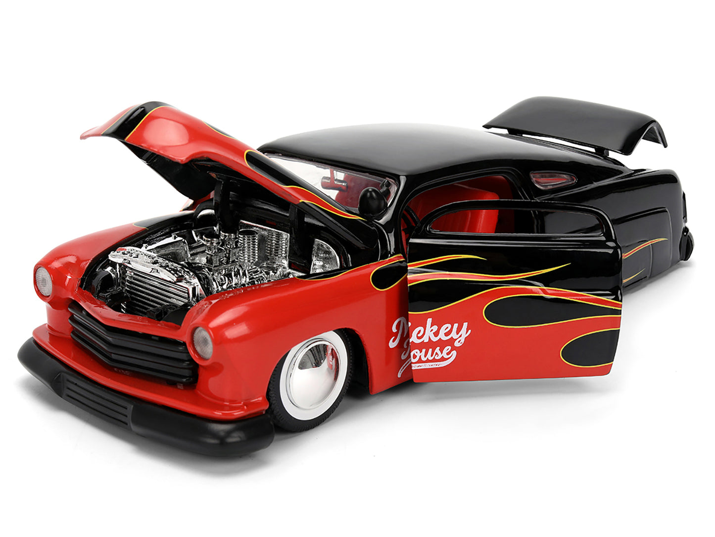1951 Mercury Coupe Black with Flame Graphics and Red Interior and Mickey Mouse Diecast Figure "Disney's Mickey Mouse" "Hollywood Rides" Series 1/24 Diecast Model Car by Jada
