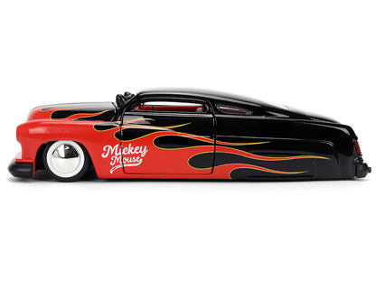 1951 Mercury Coupe Black with Flame Graphics and Red Interior and Mickey Mouse Diecast Figure "Disney's Mickey Mouse" "Hollywood Rides" Series 1/24 Diecast Model Car by Jada