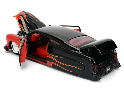 1951 Mercury Coupe Black with Flame Graphics and Red Interior and Mickey Mouse Diecast Figure "Disney's Mickey Mouse" "Hollywood Rides" Series 1/24 Diecast Model Car by Jada