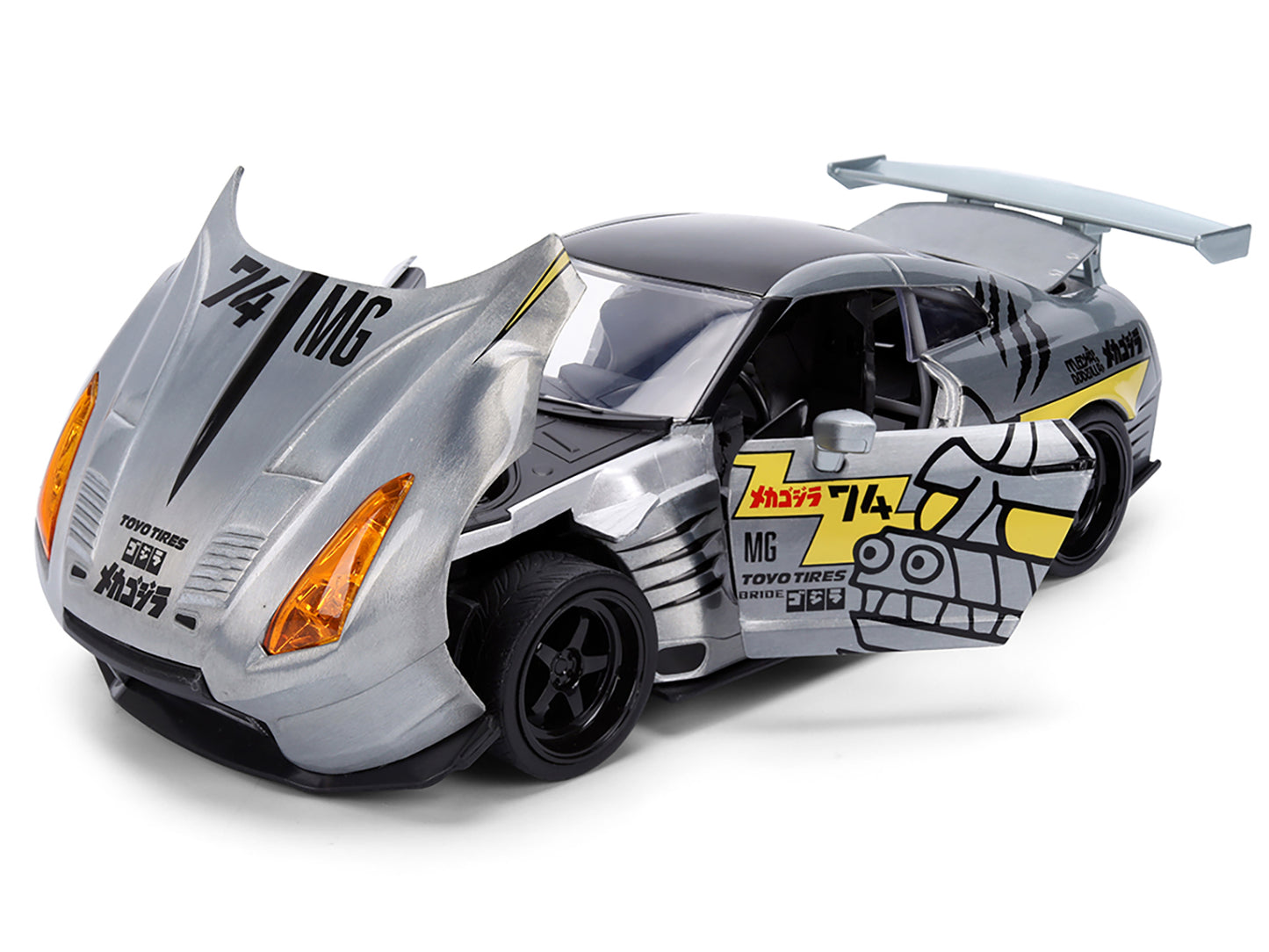 2009 Nissan GT-R (R35) Ben Sopra Brushed Metal with Black Top and Graphics and Mechagodzilla Diecast Figure "Godzilla" Franchise "Anime Hollywood Rides" Series 1/24 Diecast Model by Jada