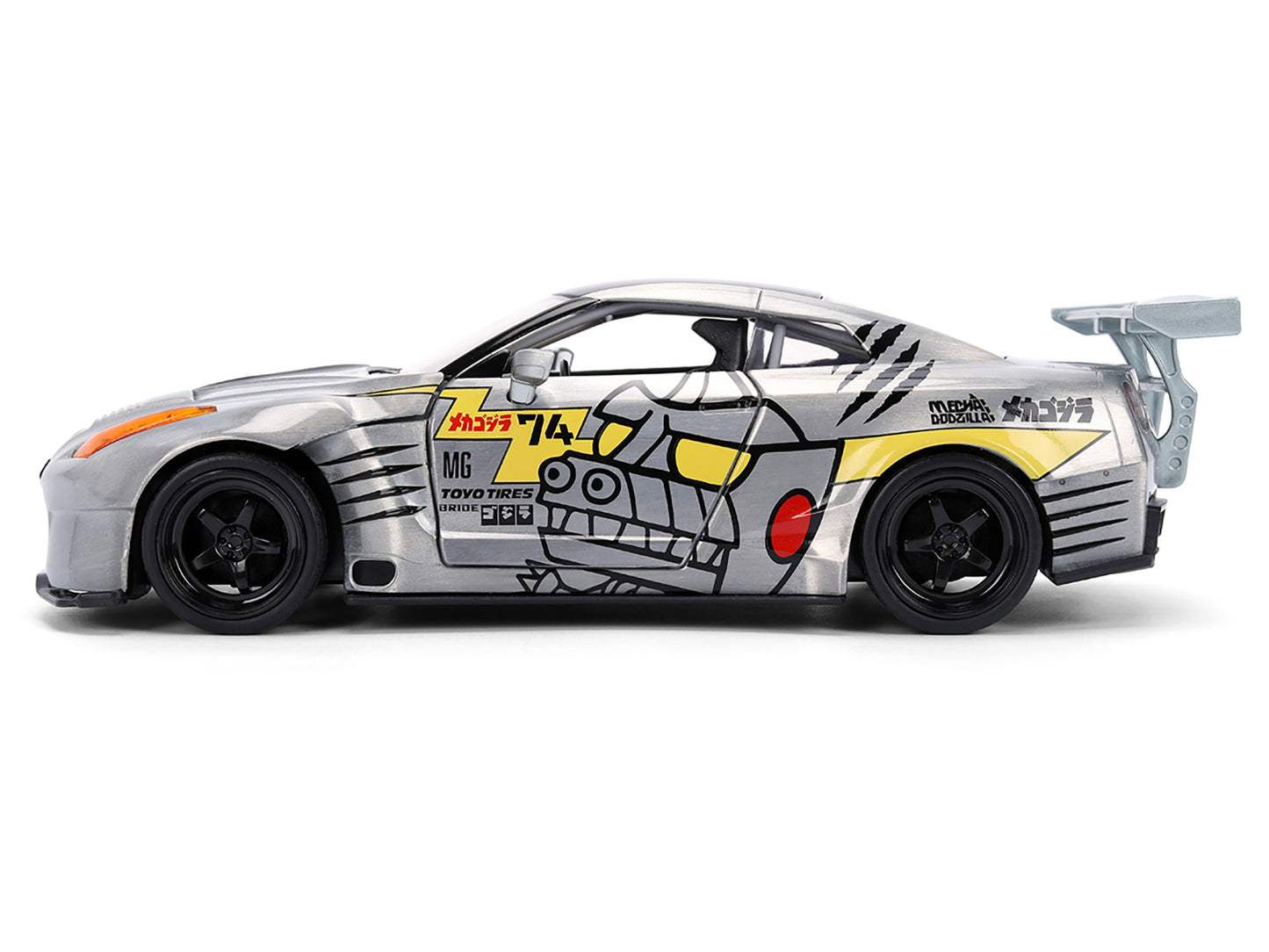 2009 Nissan GT-R (R35) Ben Sopra Brushed Metal with Black Top and Graphics and Mechagodzilla Diecast Figure "Godzilla" Franchise "Anime Hollywood Rides" Series 1/24 Diecast Model by Jada