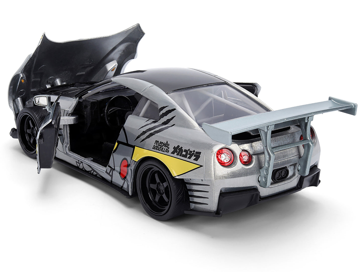 2009 Nissan GT-R (R35) Ben Sopra Brushed Metal with Black Top and Graphics and Mechagodzilla Diecast Figure "Godzilla" Franchise "Anime Hollywood Rides" Series 1/24 Diecast Model by Jada