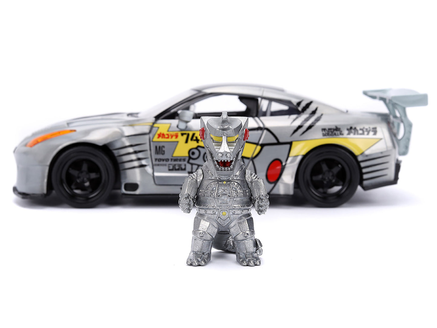 2009 Nissan GT-R (R35) Ben Sopra Brushed Metal with Black Top and Graphics and Mechagodzilla Diecast Figure "Godzilla" Franchise "Anime Hollywood Rides" Series 1/24 Diecast Model by Jada